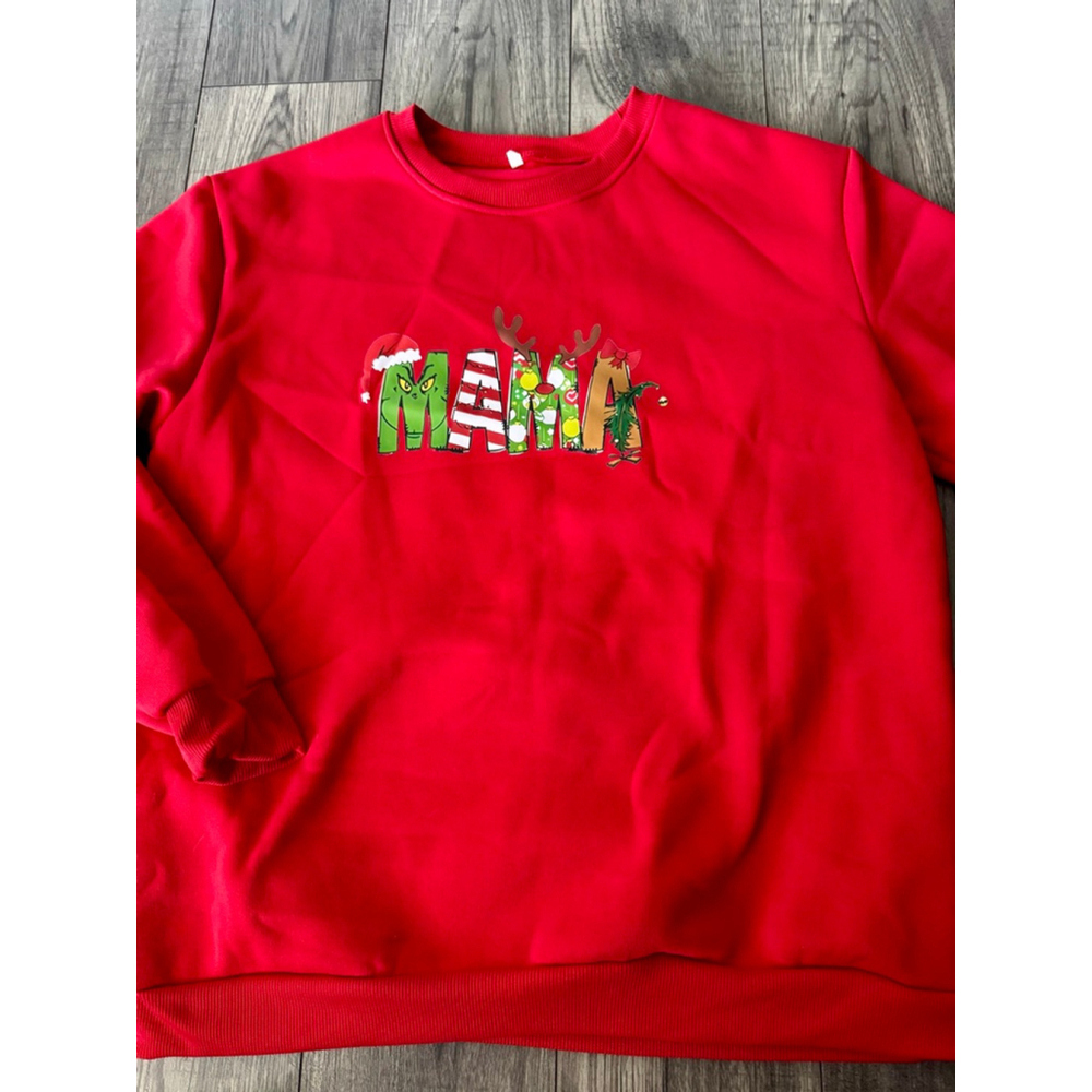 Boutique Ladies Large Full Fleece Interior Red Grinch Themed “Mama” Crewneck